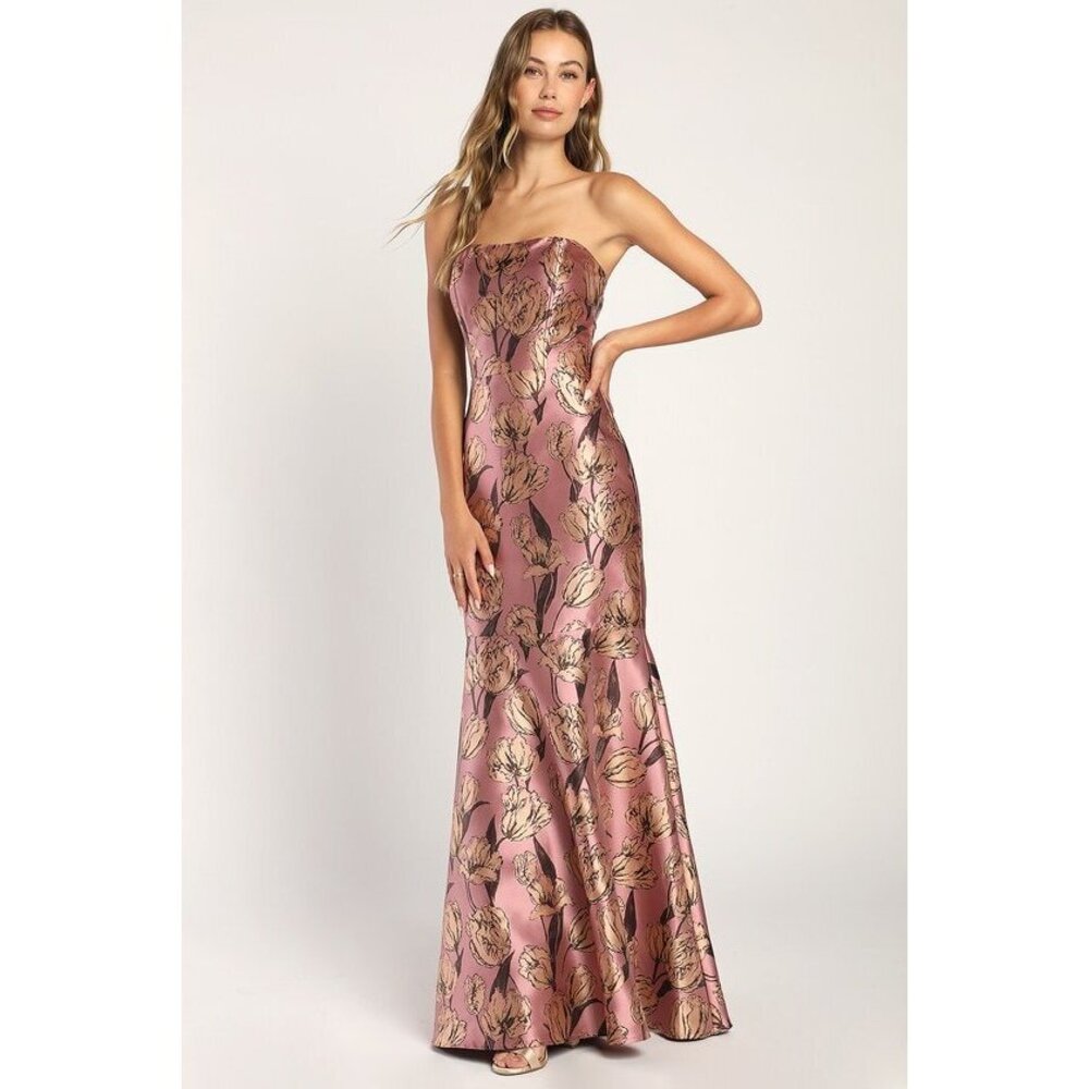 Lulus Gowning Around Mauve Floral Jacquard Strapless Maxi Dress Purple - Size S